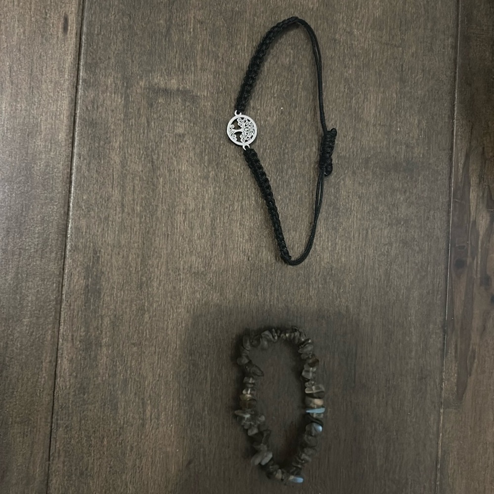 Set of two bracelets, family tree tie and moonstone shard set.